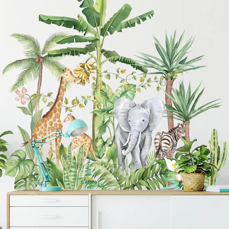 Plant sofa bedroom background tropical rain forest elephant giraffe Wall Sticker