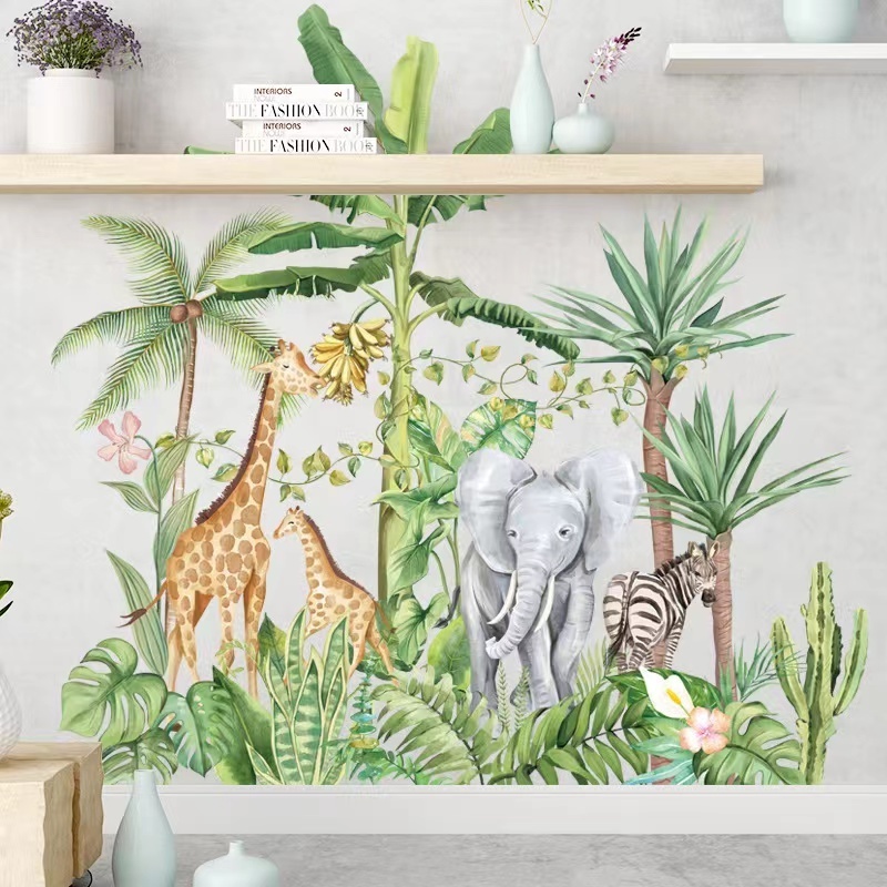 Plant sofa bedroom background tropical rain forest elephant giraffe Wall Sticker