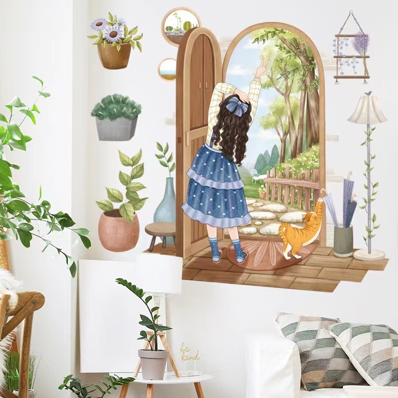 Idyllic girl window landscape decoration bedroom sofa background wallpaper potted vine Wall Sticker