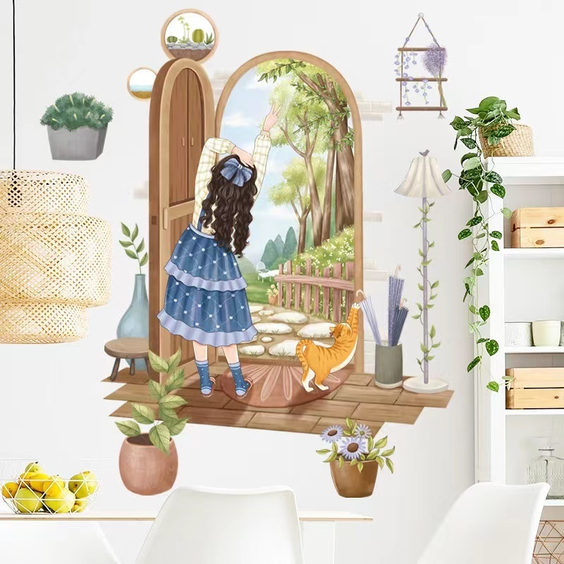 Idyllic girl window landscape decoration bedroom sofa background wallpaper potted vine Wall Sticker