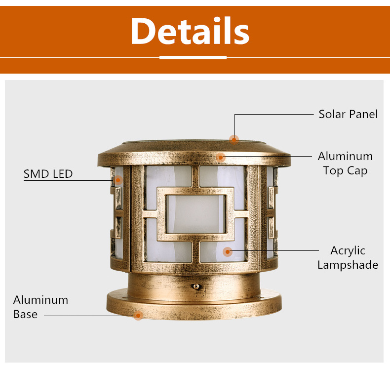 Solar energy system New design Solar pillar light for fence extrence gate pathway outdoor light Automatic dimming  light