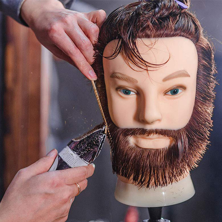 Male hair barber training head mannequin of natural hair 100% human hair practice head with beard for sale