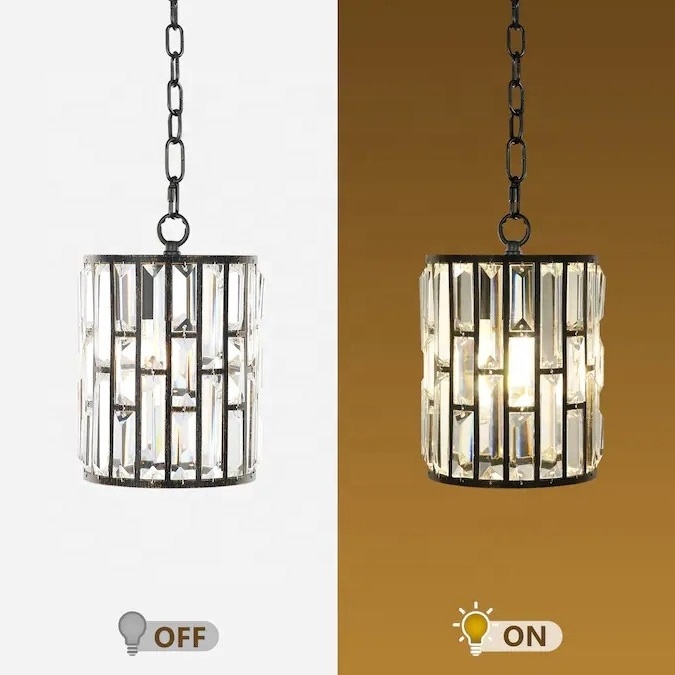 Unique Matte Black Modern light fixtures Clear Crystal Cylinder  Pendant Light with chain hanging