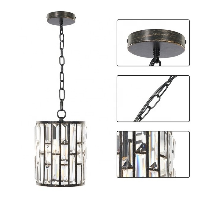 Unique Matte Black Modern light fixtures Clear Crystal Cylinder  Pendant Light with chain hanging