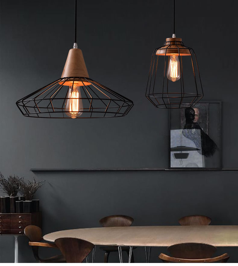 Nordic 1xE27 black mesh dinning restaurant light fixtures  wooden metal cage  pendant light