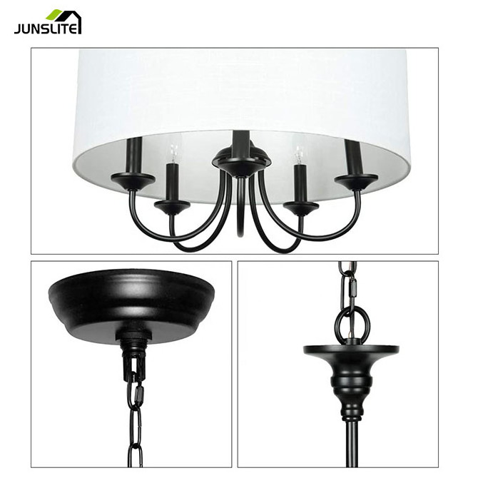 5-Light Chandelier with White Linen fabric Drum Shade  Farmhouse  lighting  for Foyer Dining Room