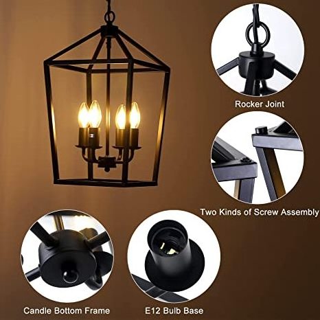 4-Light Black Farmhouse  Iron Lantern Pendant Light Rustic industrial Cage Hanging Light Fixtures  kitchen