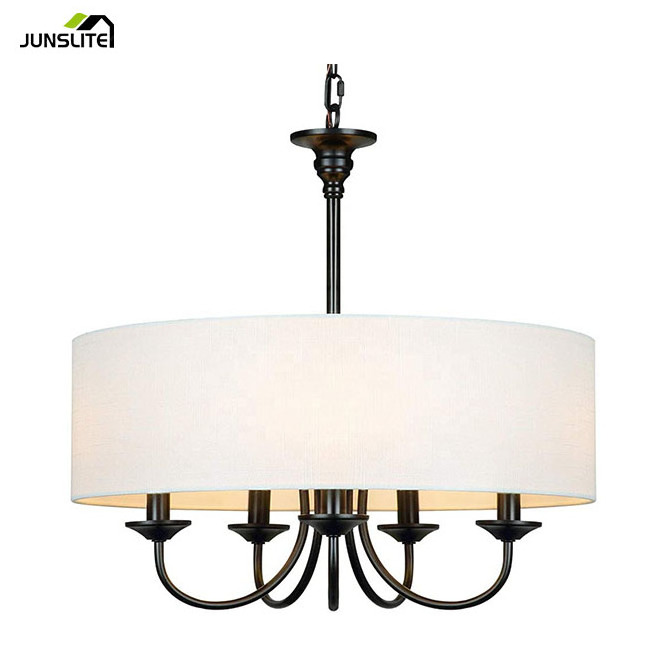 5-Light Chandelier with White Linen fabric Drum Shade  Farmhouse  lighting  for Foyer Dining Room