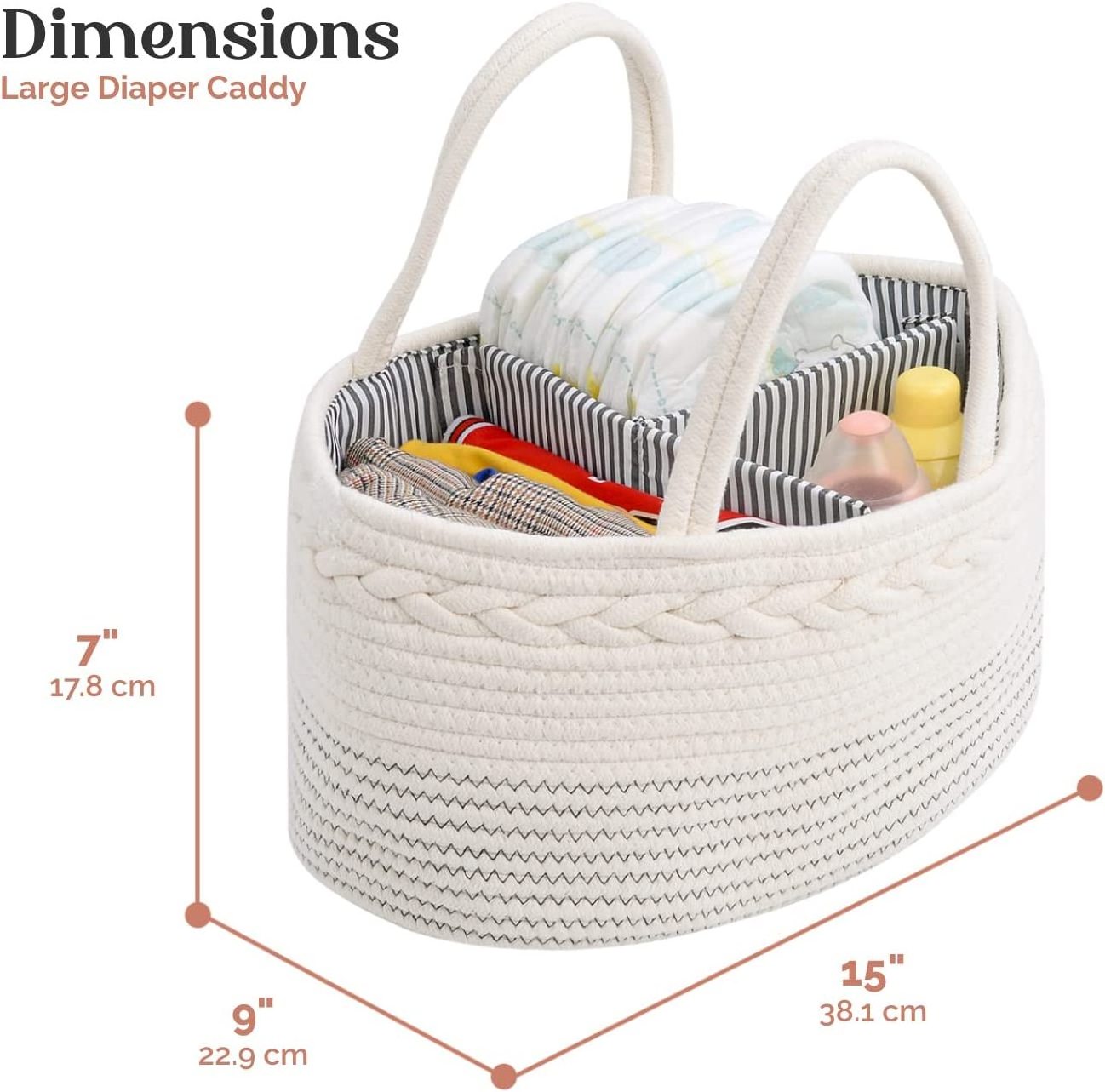 Rope Diaper Caddy Organizer Large Portable Nursery Storage Bin and Car Travel Organizer Tote Bag with Dividers for Diapers