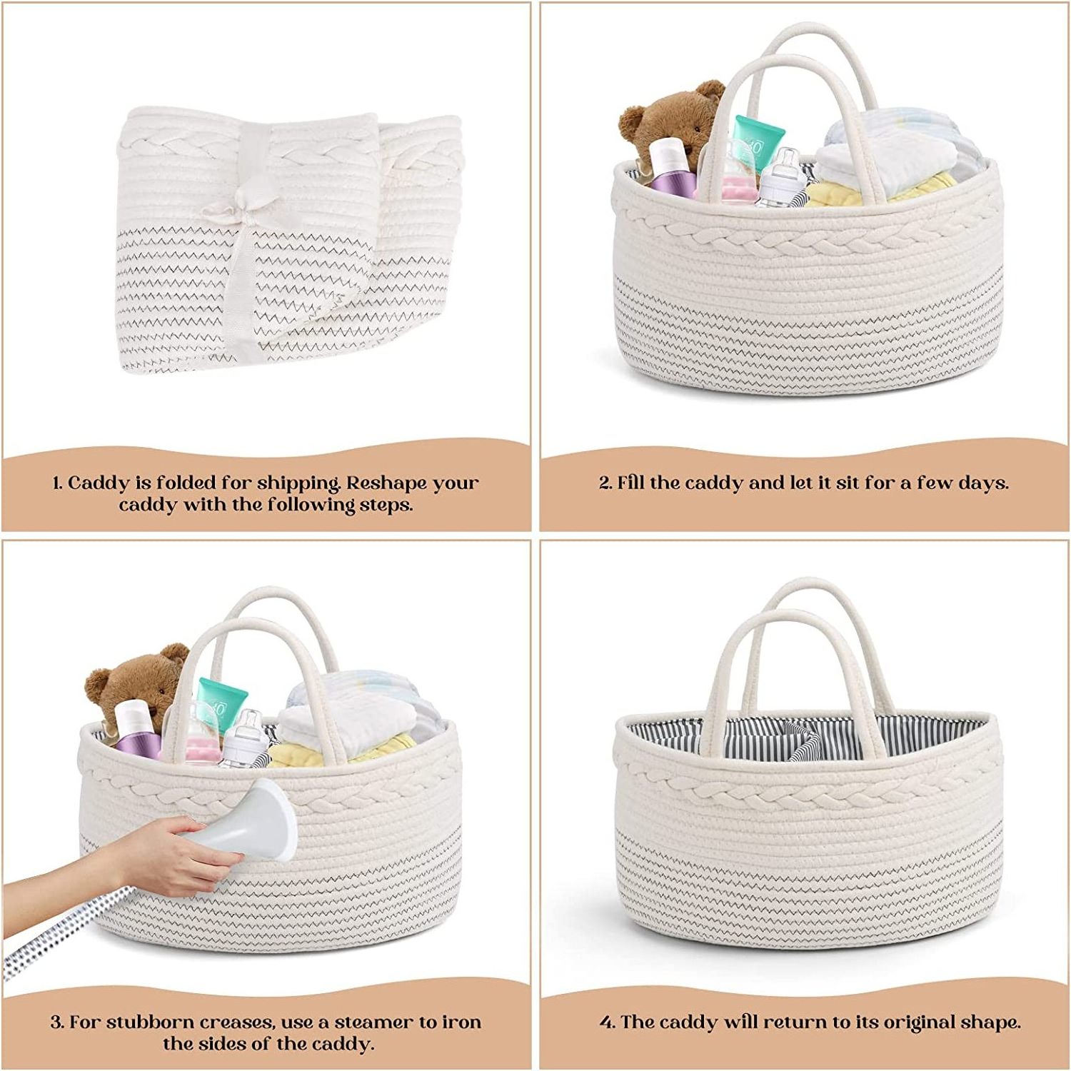 Rope Diaper Caddy Organizer Large Portable Nursery Storage Bin and Car Travel Organizer Tote Bag with Dividers for Diapers