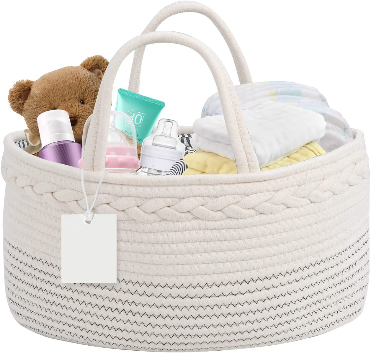 Rope Diaper Caddy Organizer Large Portable Nursery Storage Bin and Car Travel Organizer Tote Bag with Dividers for Diapers