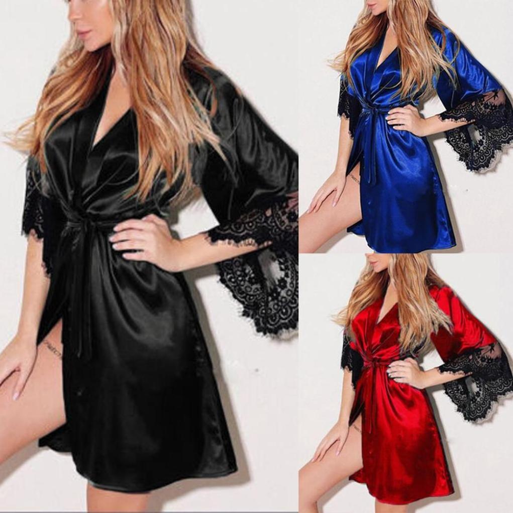 Ladies Sexy Silk Satin Night Dress Long Sleeves Nighties V-neck Nightgown Nightdress Lace Sleepwear