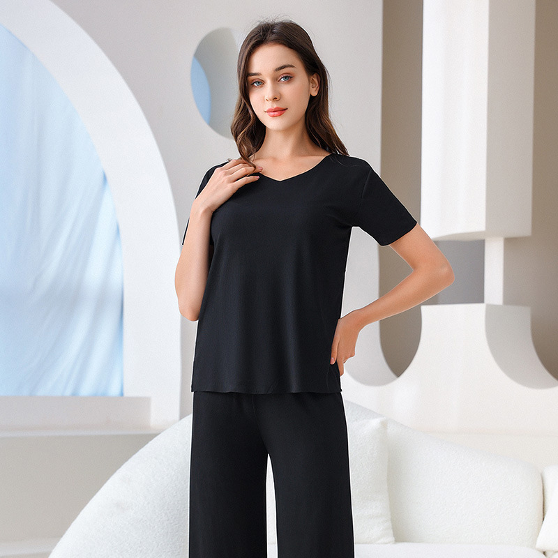 Wholesale New Women's Pajamas Ice Silk Comfortable and Soft Short Sleeve Long Pants 2pcs home wear