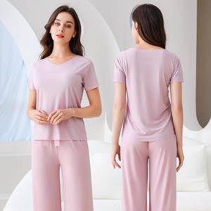 Wholesale New Women's Pajamas Ice Silk Comfortable and Soft Short Sleeve Long Pants 2pcs home wear