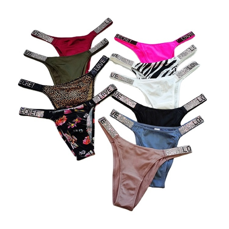 Hot Design Fashion Young Girls Panties Rhinestone Fancy Low Rise Sexy  Thong Ice Silk Leopard Women's Panties