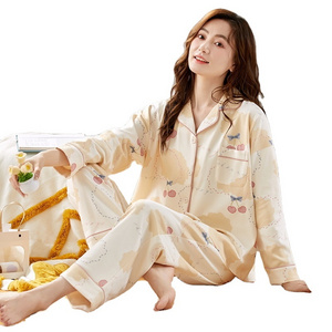 Long-sleeved pajamas women's spring and autumn cotton simple leisure cardigan sweet cute two-piece suit