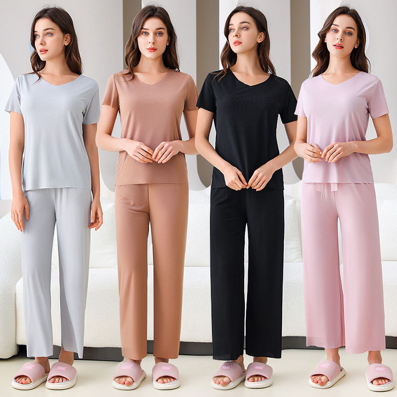 Wholesale New Women's Pajamas Ice Silk Comfortable and Soft Short Sleeve Long Pants 2pcs home wear