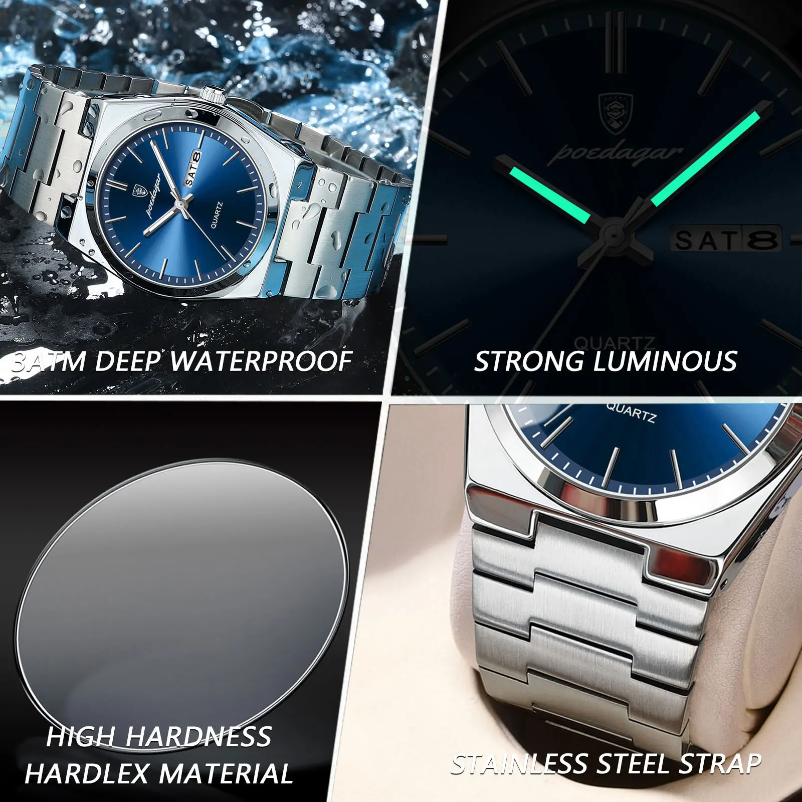 POEDAGAR New Ultra-thin Quartz Watches Stainless Steel Bracelet Men's Watches Waterproof Luminous Watch for Men