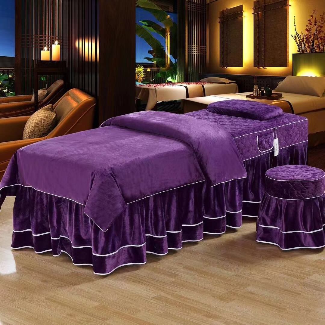 Support Samples Facial velvet spa massage linen bedding in colourful  soft skin fell quilt bedsheet set for beauty salon