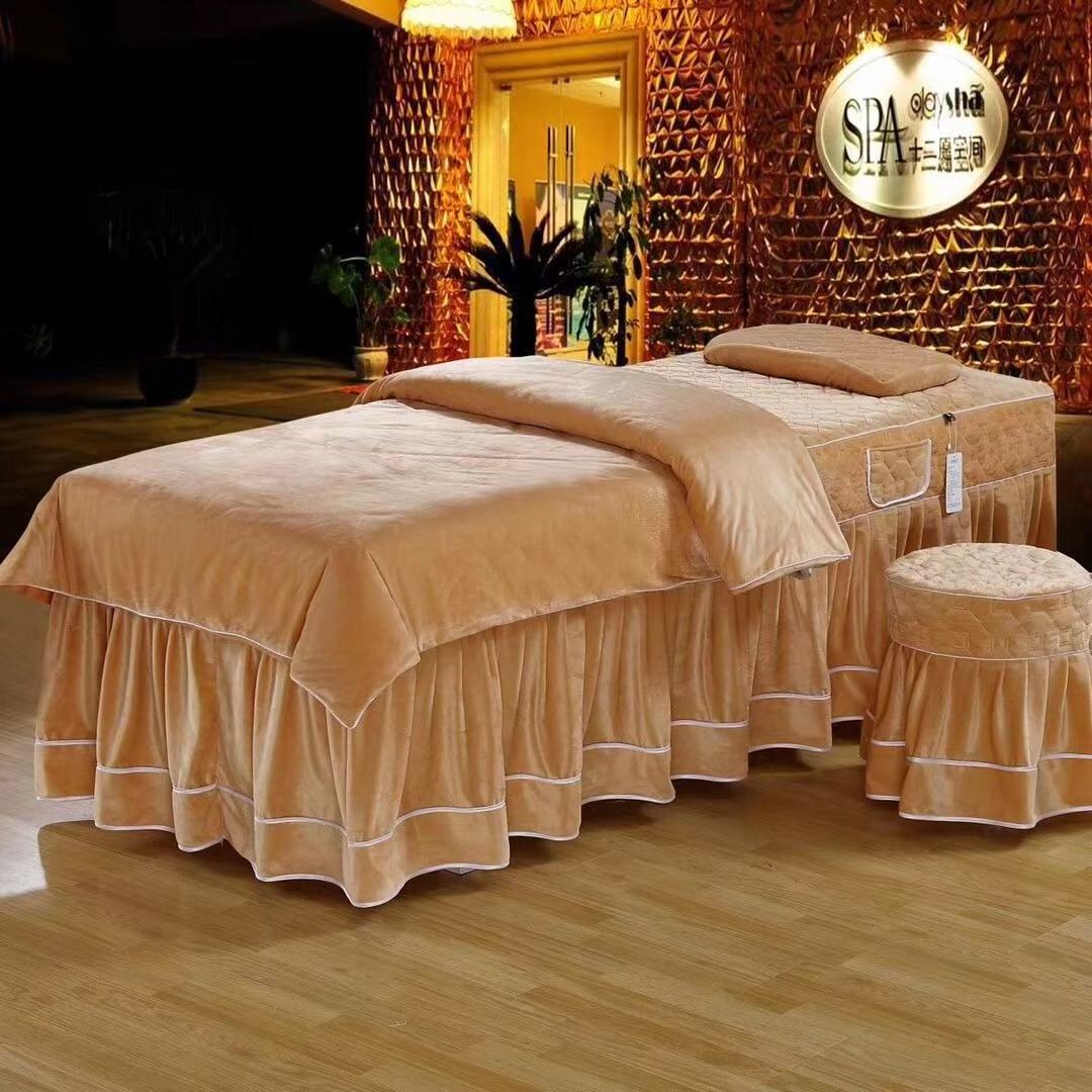 Support Samples Facial velvet spa massage linen bedding in colourful  soft skin fell quilt bedsheet set for beauty salon