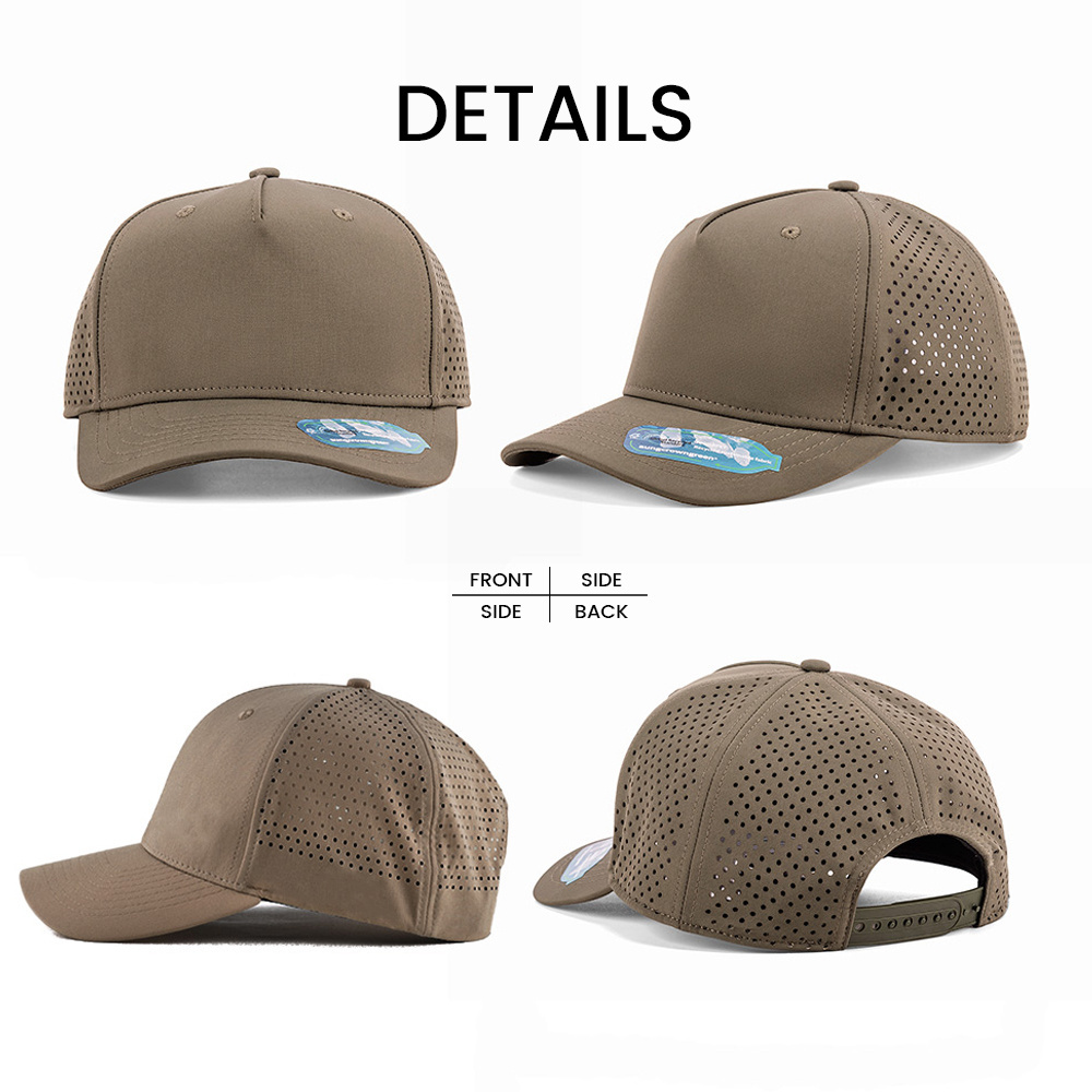 Golf hat gorras laser cut hole sport polyester waterproof quick dry 5 panel rubber pvc logo baseball cap with rope