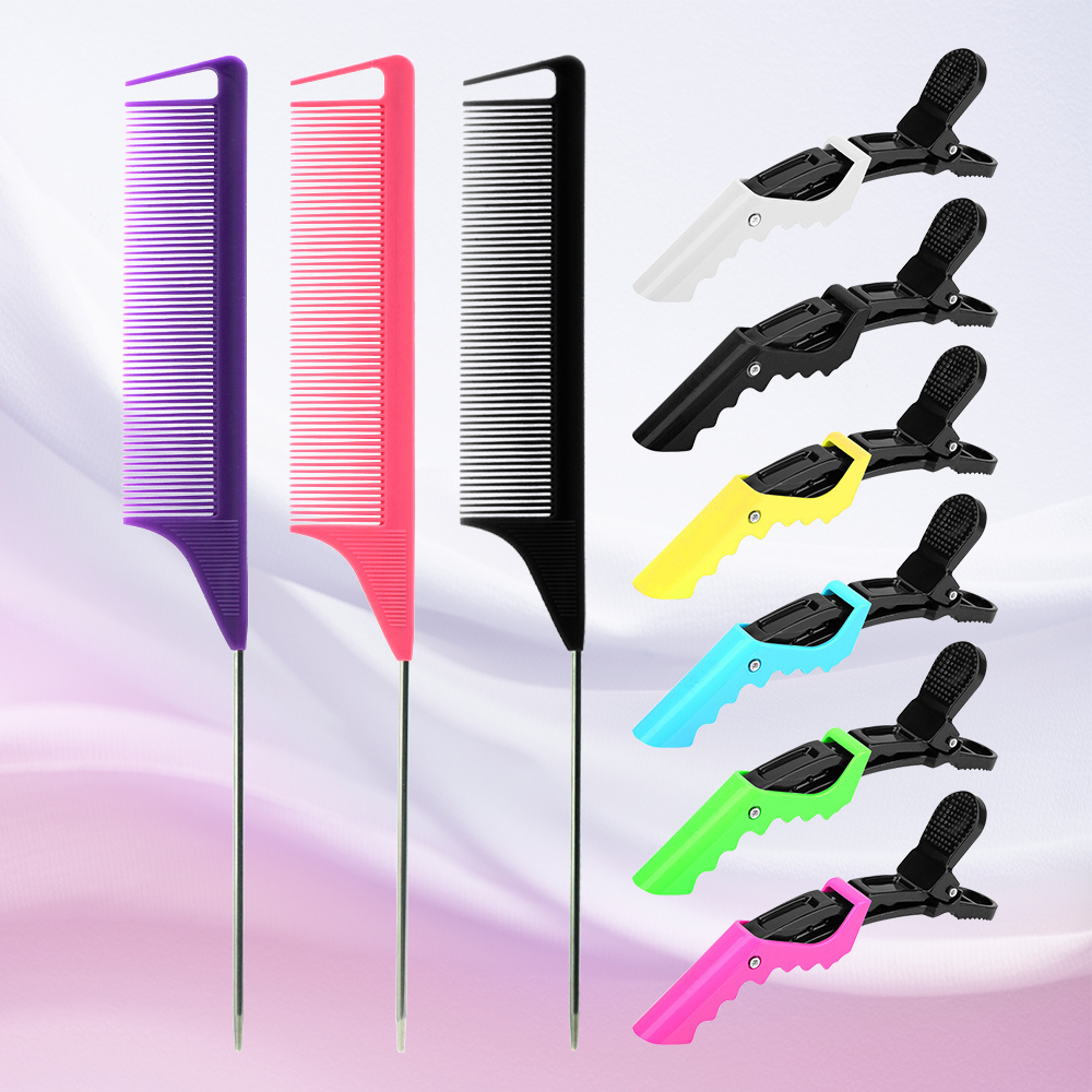 Color Cutting Comb Stainless Steel Anti Static Hair Cutting Comb Hair Comb 3 In 1 Rat Tail Edge Brush With 6 Hair Clips Set