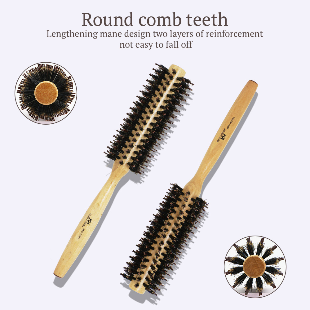 Custom Logo Eco Friendly Salon Styling Tools  Natural Wooden Handle Nylon Mix Boar Bristle Round Hair Brush