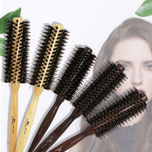 Custom Logo Eco Friendly Salon Styling Tools  Natural Wooden Handle Nylon Mix Boar Bristle Round Hair Brush