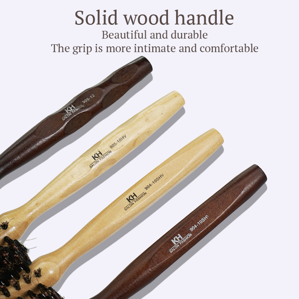 Custom Logo Eco Friendly Salon Styling Tools  Natural Wooden Handle Nylon Mix Boar Bristle Round Hair Brush