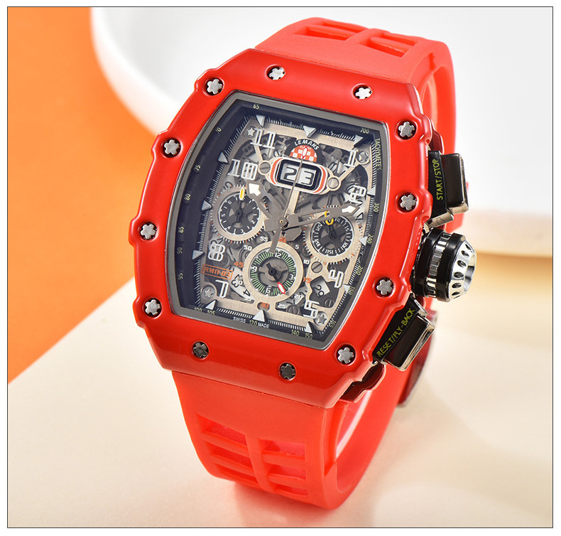 RM Chronograph Quartz Watch for Men Tonneau Dial Sport Wristwatch with Orange Silicone Strap