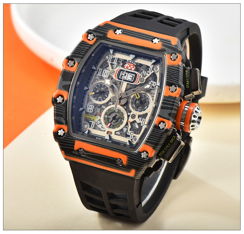 RM Chronograph Quartz Watch for Men Tonneau Dial Sport Wristwatch with Orange Silicone Strap