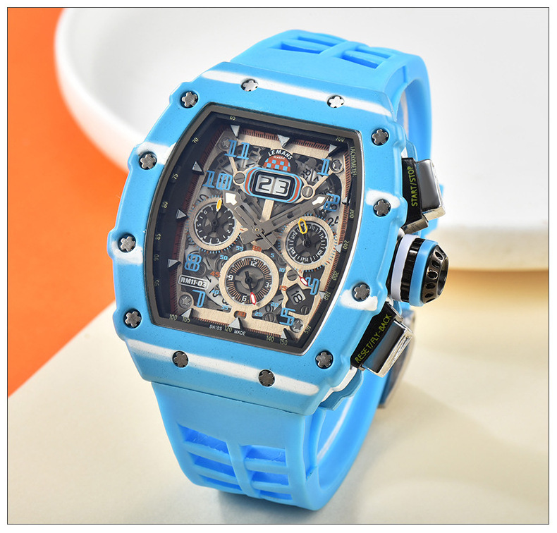 RM Chronograph Quartz Watch for Men Tonneau Dial Sport Wristwatch with Orange Silicone Strap