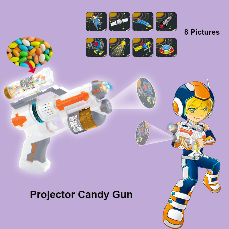 Plastic Boys Sweets Candy Toys Electrical Musical Light Up Projector Kids Gun Toy Candy