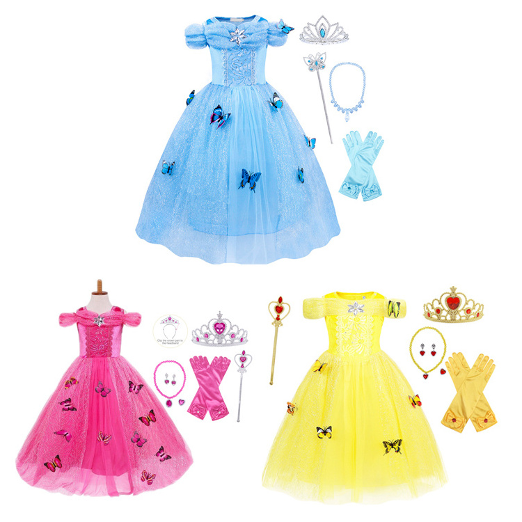 Halloween Cosplay Princess Dresses Girls Butterfly Princess Costume Off Shoulder Girl Party Wedding Sequin Blue Tutu Dress