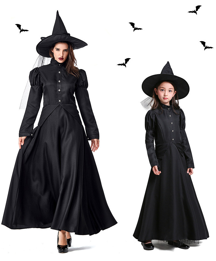 Hot Sale Vintage Mother and Me Vampire Dress Halloween Family Match Outfit Black Witch Costumes Cosplay With Witch Hat