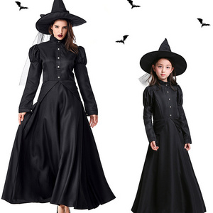 Hot Sale Vintage Mother and Me Vampire Dress Halloween Family Match Outfit Black Witch Costumes Cosplay With Witch Hat