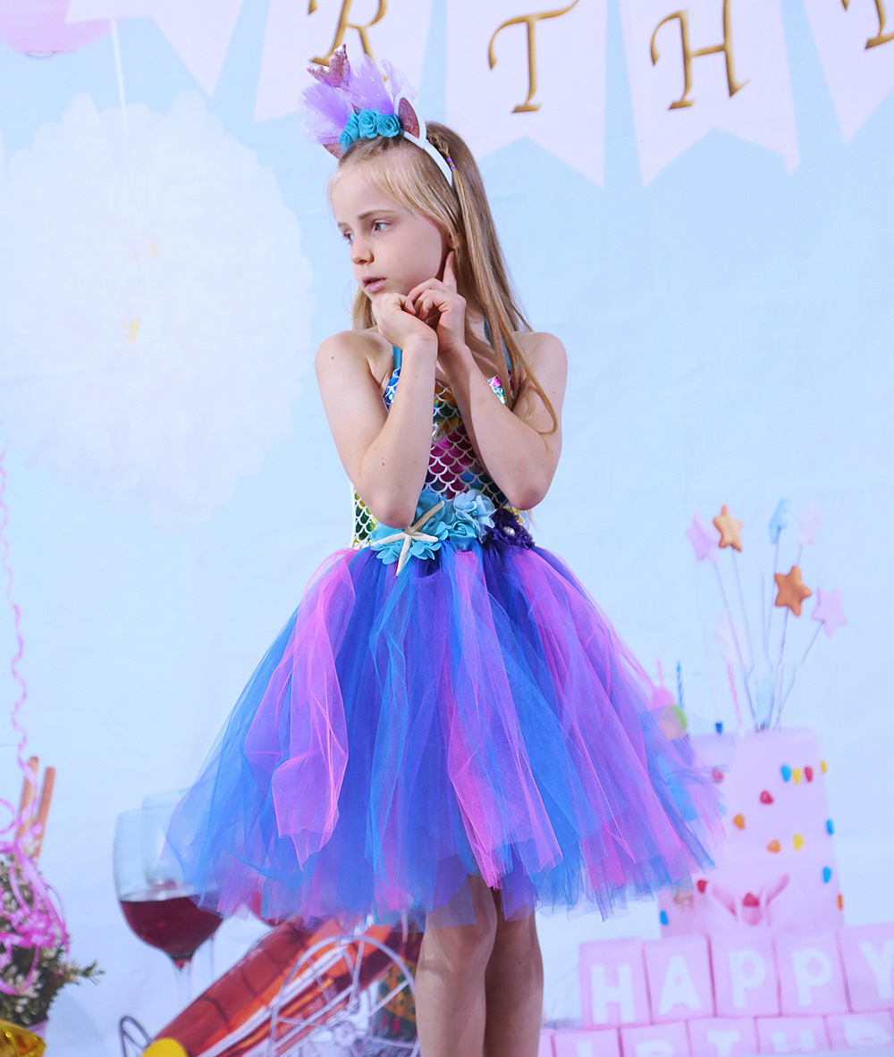 Jurebecia Mermaid Dress Girls Halloween Princess Party Dress Up Tulle Mesh Rainbow Tutu Skirt Fish Scale Sequin Outfits