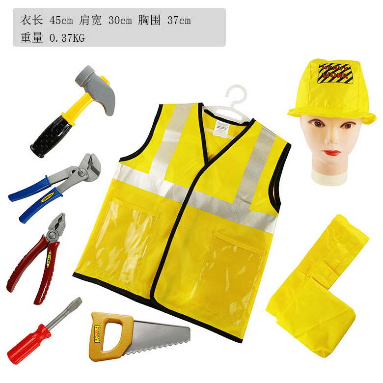 Kid Builder Career Dress Up Clothes Boys Construction Worker Costume With Tool Belt Vest Hat