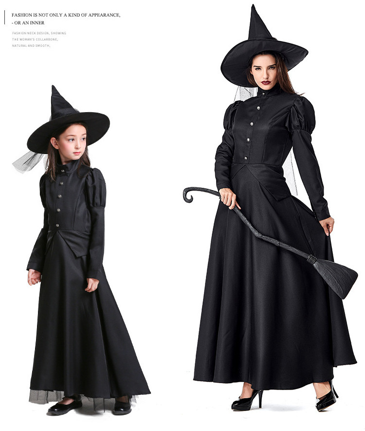 Hot Sale Vintage Mother and Me Vampire Dress Halloween Family Match Outfit Black Witch Costumes Cosplay With Witch Hat