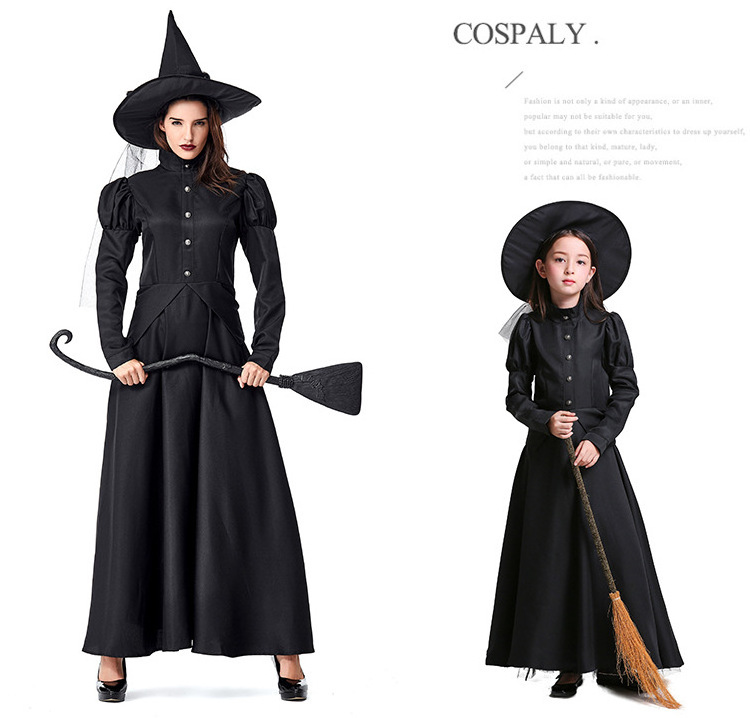 Hot Sale Vintage Mother and Me Vampire Dress Halloween Family Match Outfit Black Witch Costumes Cosplay With Witch Hat