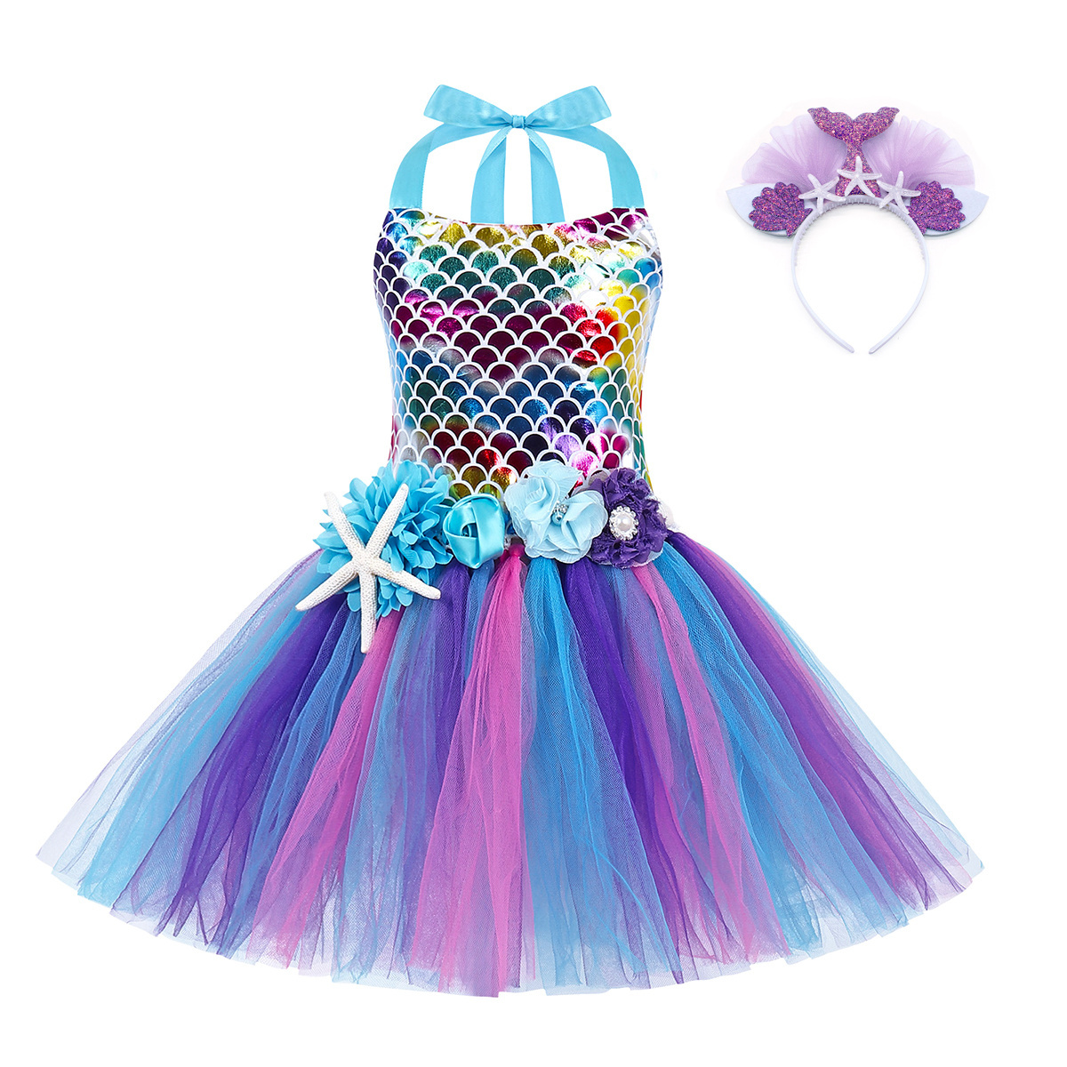 Jurebecia Mermaid Dress Girls Halloween Princess Party Dress Up Tulle Mesh Rainbow Tutu Skirt Fish Scale Sequin Outfits