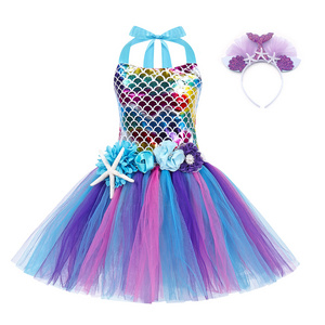 Jurebecia Mermaid Dress Girls Halloween Princess Party Dress Up Tulle Mesh Rainbow Tutu Skirt Fish Scale Sequin Outfits