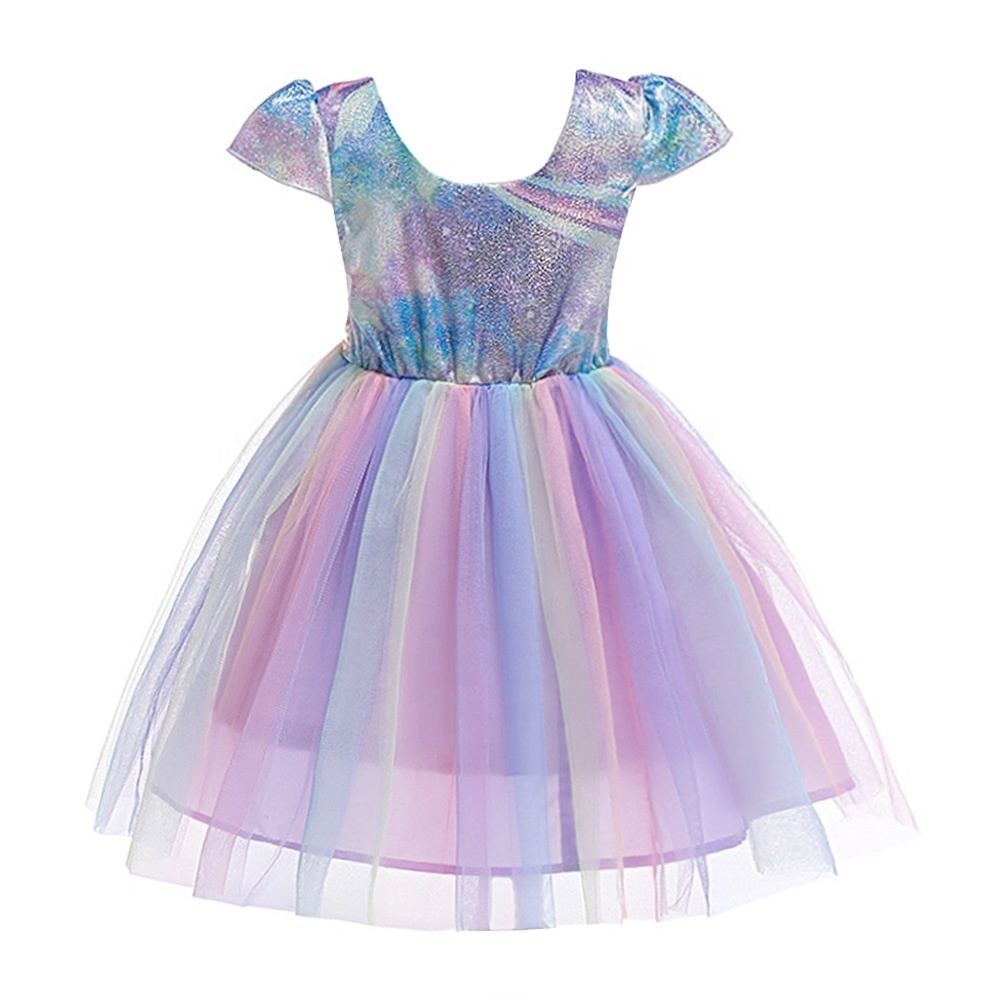 Wholesale Summer Big Bow Laser Print Rainbow Skirt Show Net Yarn Dress Little Girls Clothing