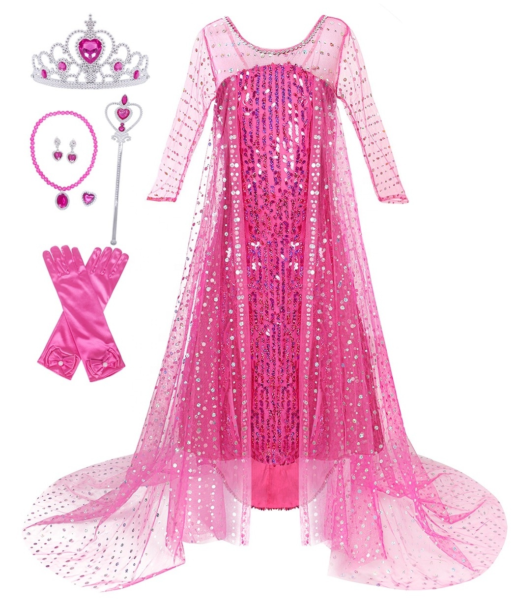 Wholesale Spring Girls Snow And Ice Sequins Princess Dress +6 Accessories Elsa Costume Kids Costume