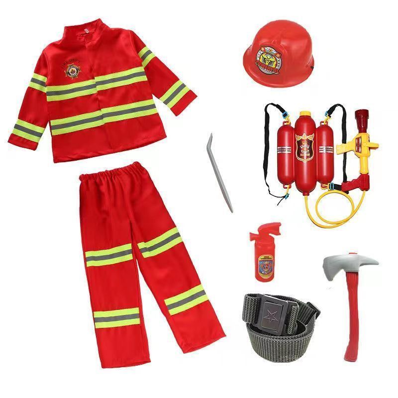 Halloween Kids Fireman Costume Role Play Set Firefighter Dress-up and Fireman Performance Party Costumes with Toys Accessories