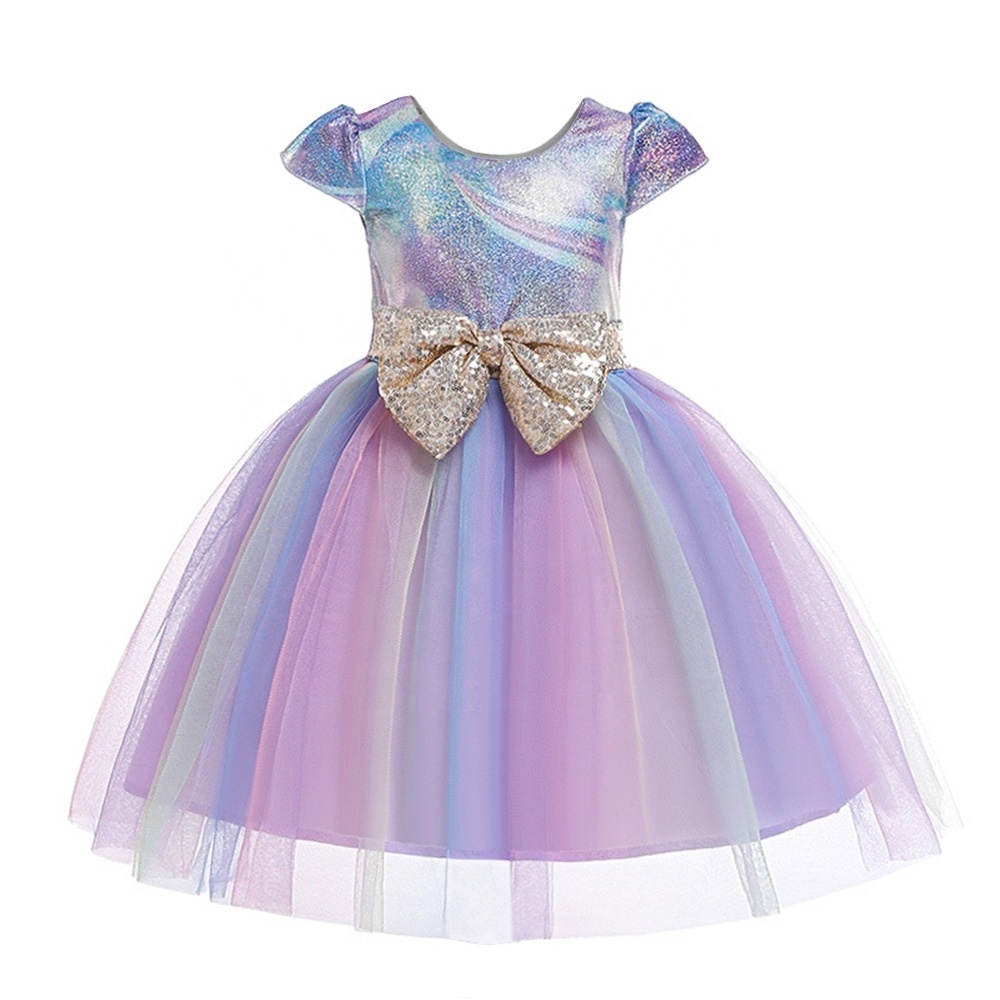 Wholesale Summer Big Bow Laser Print Rainbow Skirt Show Net Yarn Dress Little Girls Clothing