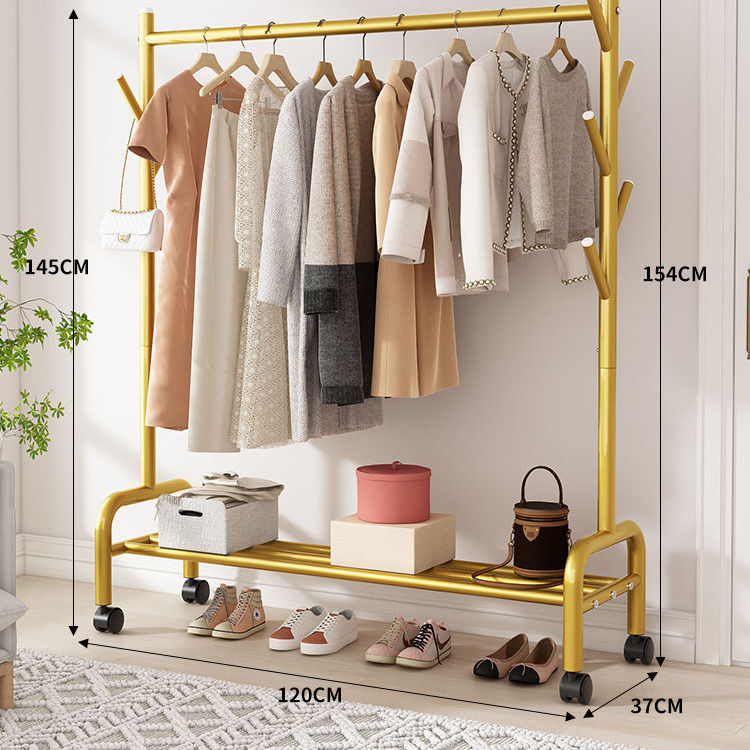 Heavy Duty Considerate Details Design Double Rod Durable and Sturdy Gold Industrial Pipe Clothing Racks on Wheels