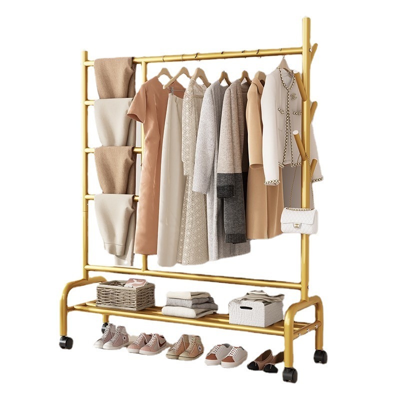 Heavy Duty Considerate Details Design Double Rod Durable and Sturdy Gold Industrial Pipe Clothing Racks on Wheels