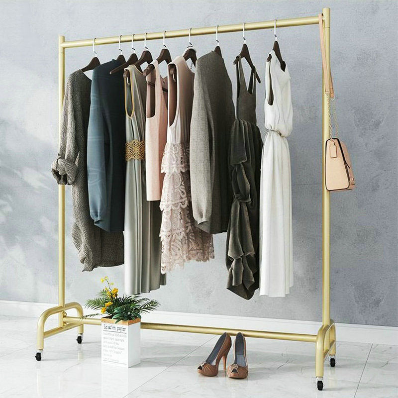 Heavy Duty Considerate Details Design Double Rod Durable and Sturdy Gold Industrial Pipe Clothing Racks on Wheels