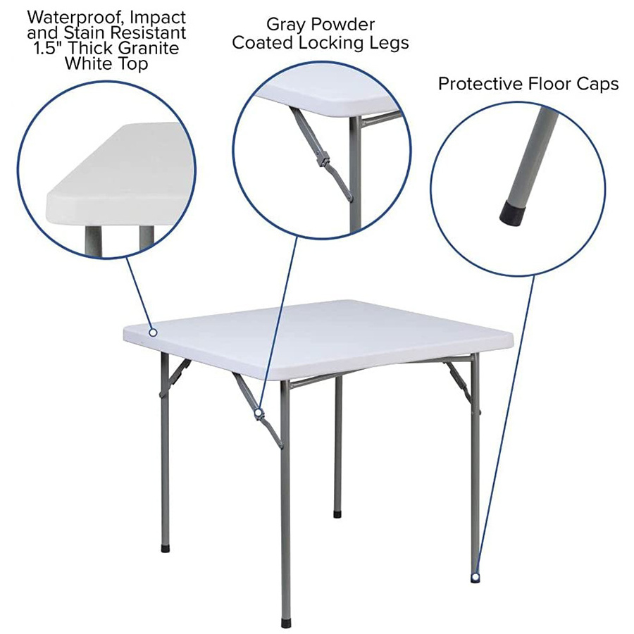 Heavy duty white HDPE plastic folding table 86 cm square portable utility dining furniture